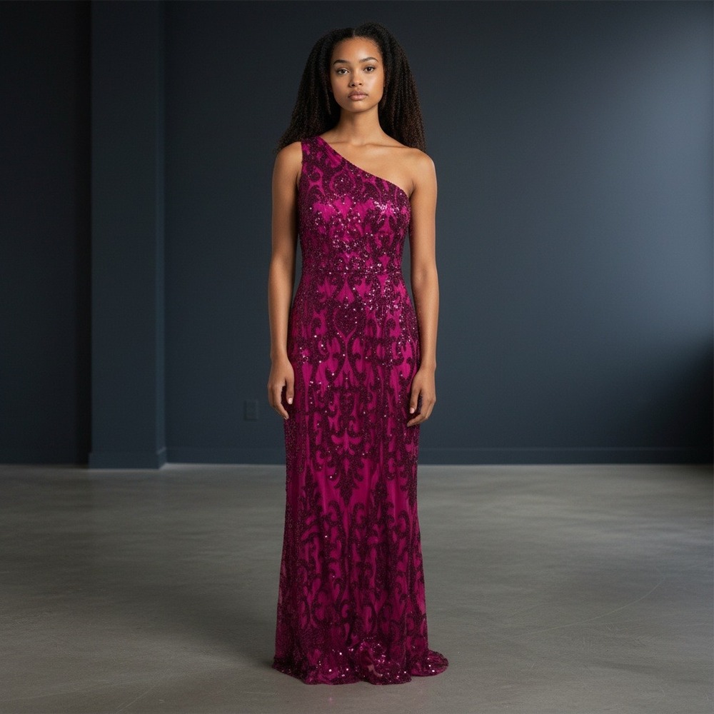 B. Darlin‎ Magenta Sequin One Shoulder Formal Gown Maxi Dress 15W 3HT8986